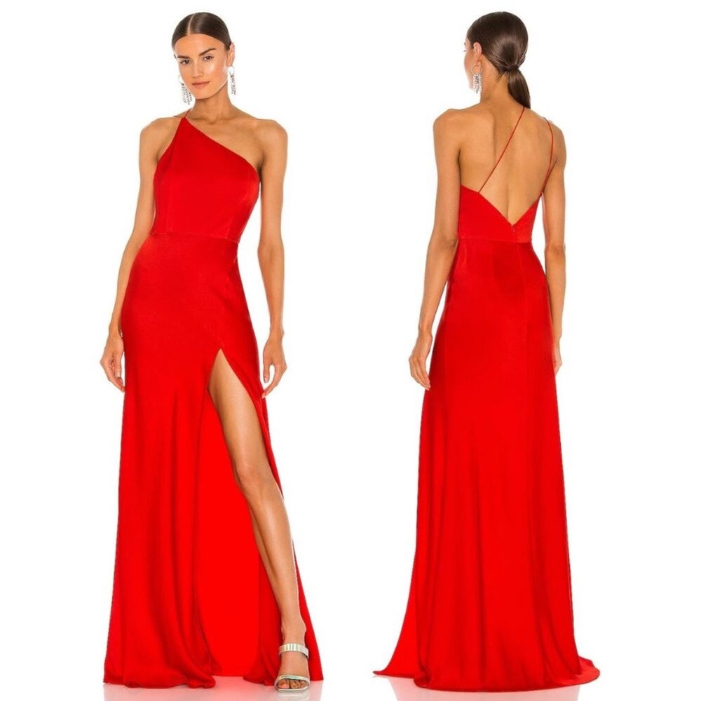 SAU LEE REVOLVE Hailey One Shoulder Maxi Gown Satin Side Slit Cherry Red Size 4